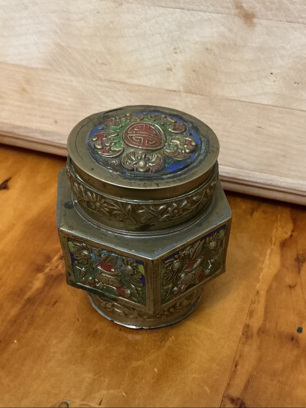 1930s Chinese Brass & Enamel Champleve Tea Caddy